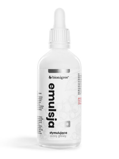 Biała butelka z pipetą z napisem: emulsja stymulująca skórę głowy.