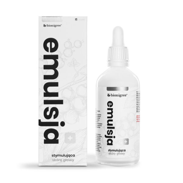 Kartonowe opakowanie plus butelka z pipetą z napisem: emulsja stymulująca skórę głowy.