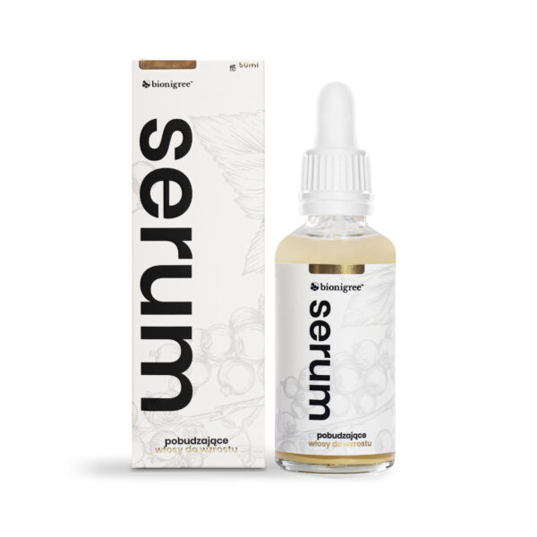Kartonowe pudełko i butelka obok z napisami serum pobudzające włosy do wzrostu.